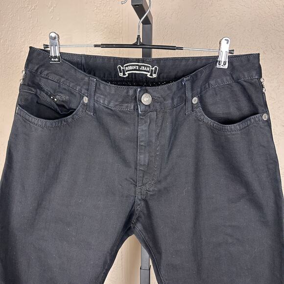 Robins Jeans RARE Mens 36" 100% Cotton Black Denim Long Flap Studded Waist Pants - Picture 5 of 9
